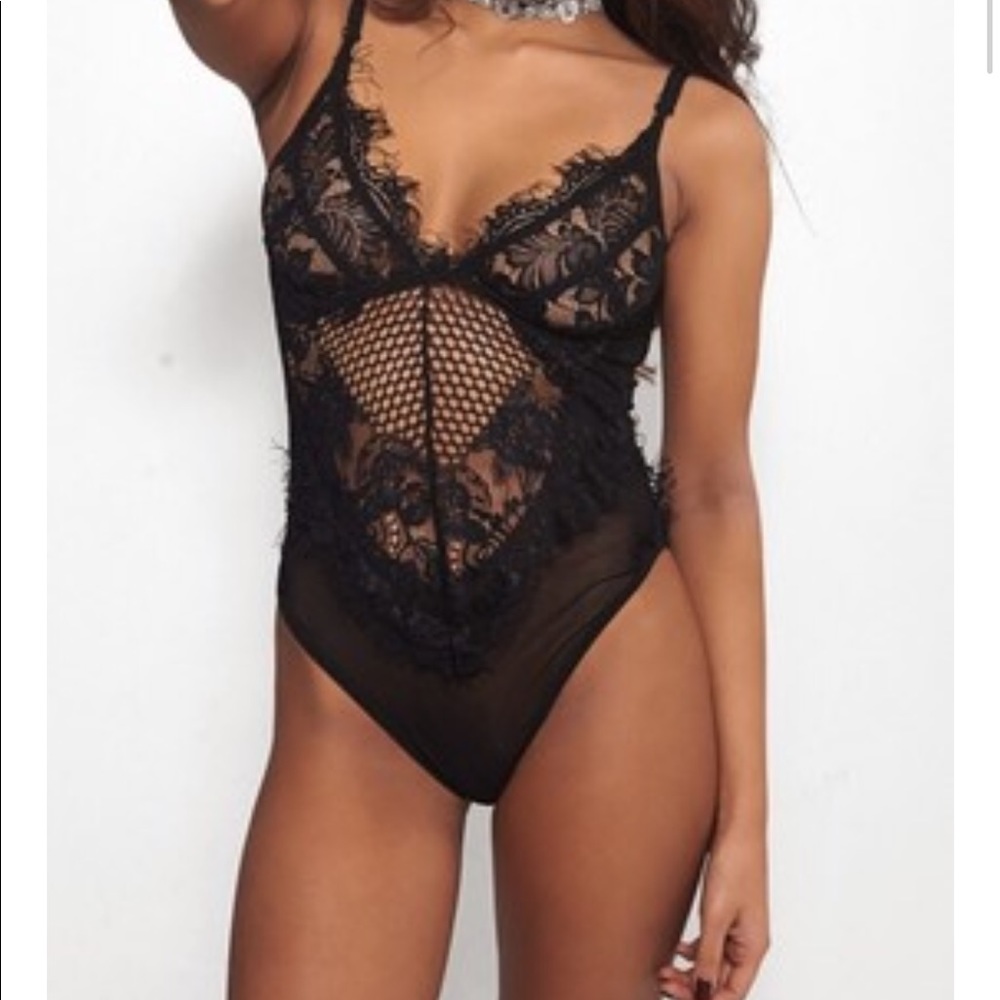 Eye lash black lace bodysuit